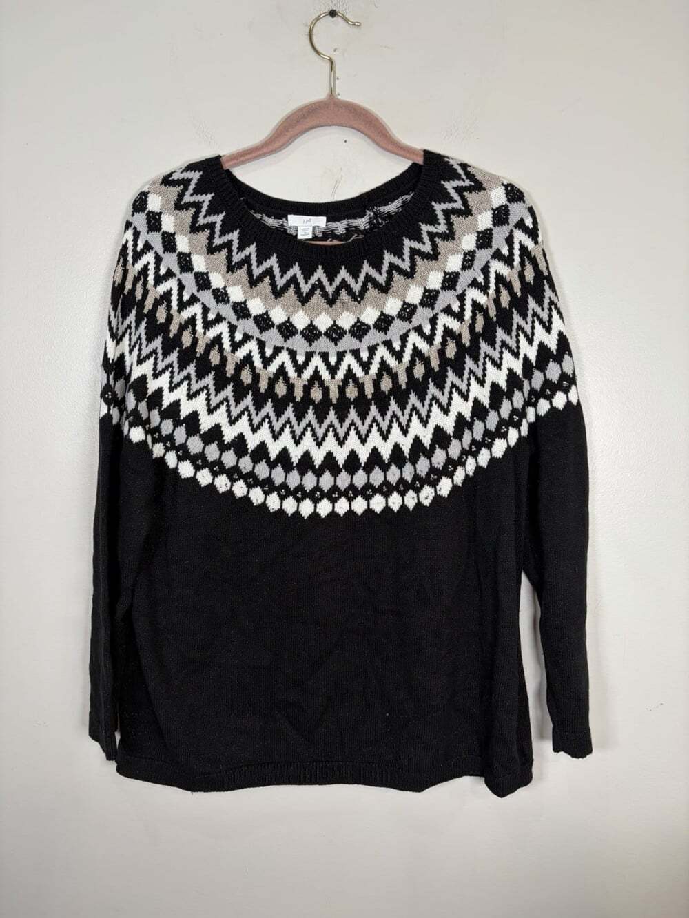 J. Jill Black Fair Isle Nordic Knit Sweater Size 1X Black Metallic Shimmer Cozy